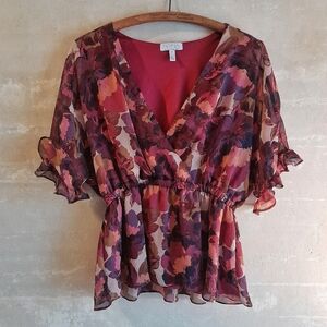 503a. purple & pink Sofia Jeans floral ruffle babydoll blouse, M